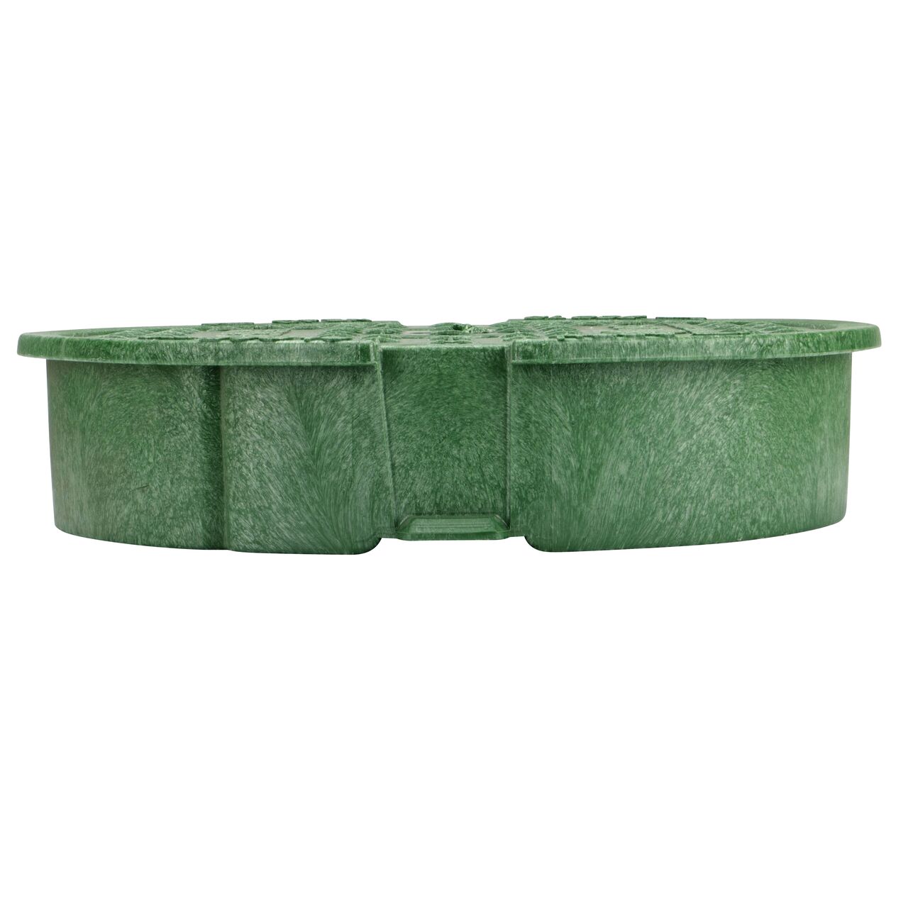 The NDS 10 in. Round Pro-Spec® Series Green Sewer Water Valve Box Cover (NDS 311CS) is an overlapping lid shown here from the side, that prevents dirt and debris from entering the valve box