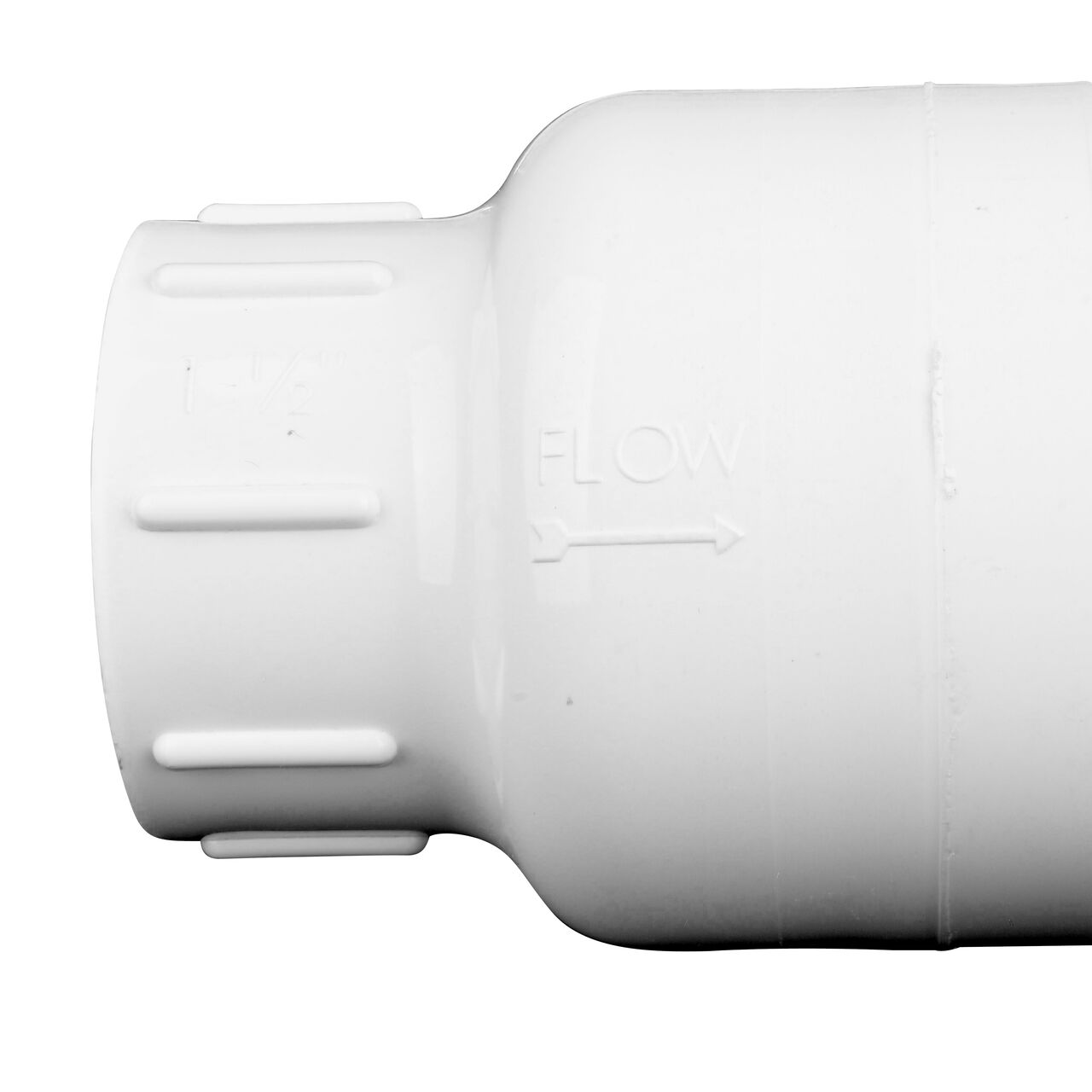Closeup of the arrow showing water flow of the NDS 1-1/2 in. White PVC Spring Check Valve (NDS 1001-15, NDS 1002-15)