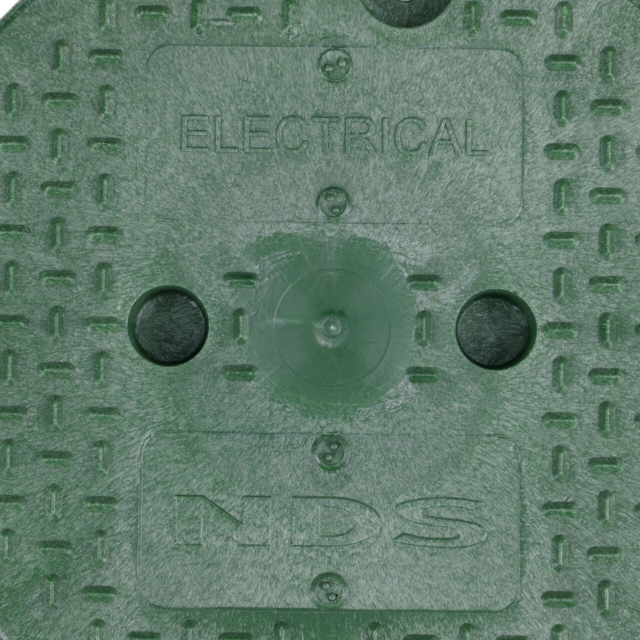 Closeup view of the Electrical markings on the Green Electrical cover for the NDS 10 in. Round Standard Series Valve Box (NDS 112BCE)