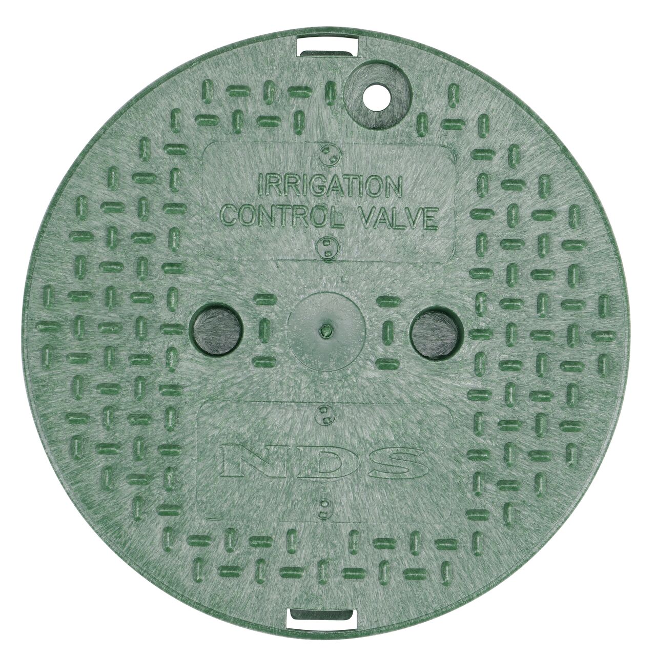 Top down view of the top side of the Green Irrigation Control Valve Cover for the NDS 10 in. Round Standard Series (NDS 111BCS) shows markings, two finger slots to twist and remove lid