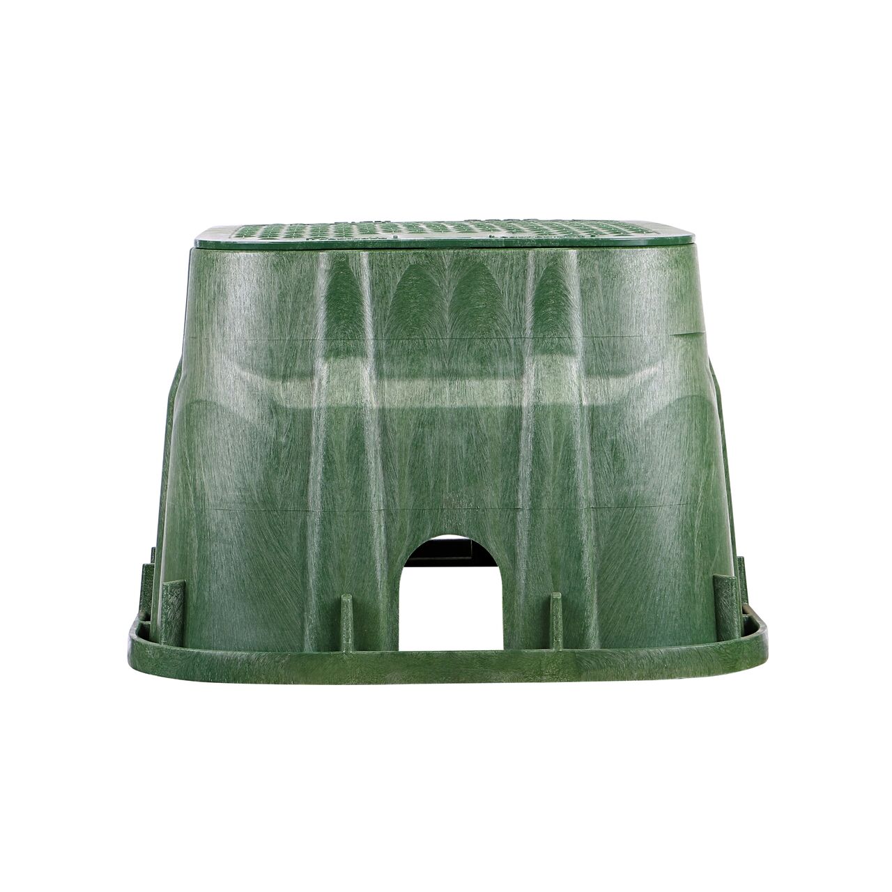 Side view of the shorter width side of the NDS 13 in. X 20 in. Rectangular Pro-Spec® Series Valve Box & Irrigation Control Valve Cover (NDS 318BCB) rugged enclosure for water and irrigation pipe connections