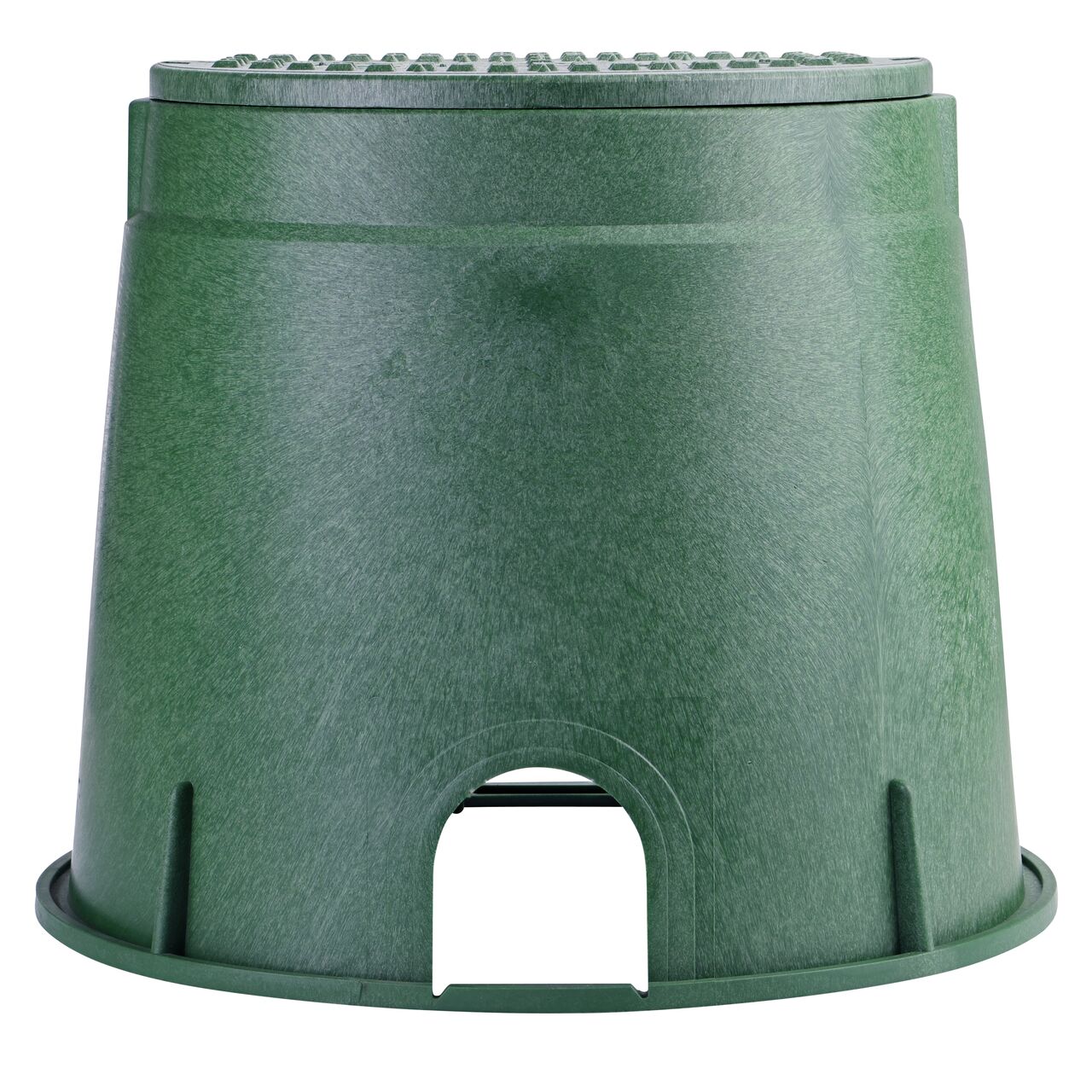 Side view of the shorter width side of the NDS 10 in. Round Standard Series Valve Box & Electrical Cover (NDS 112BCE) rugged enclosure that features a pipe hole for water and irrigation pipe connections
