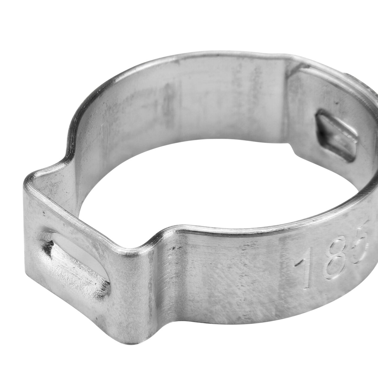 Closeup of the pinch clamp ear end on the NDS 185R Stainless Steel Pinch Clamp (NDS NC155000-010) which bends to confirm a secure, permanent closure.
