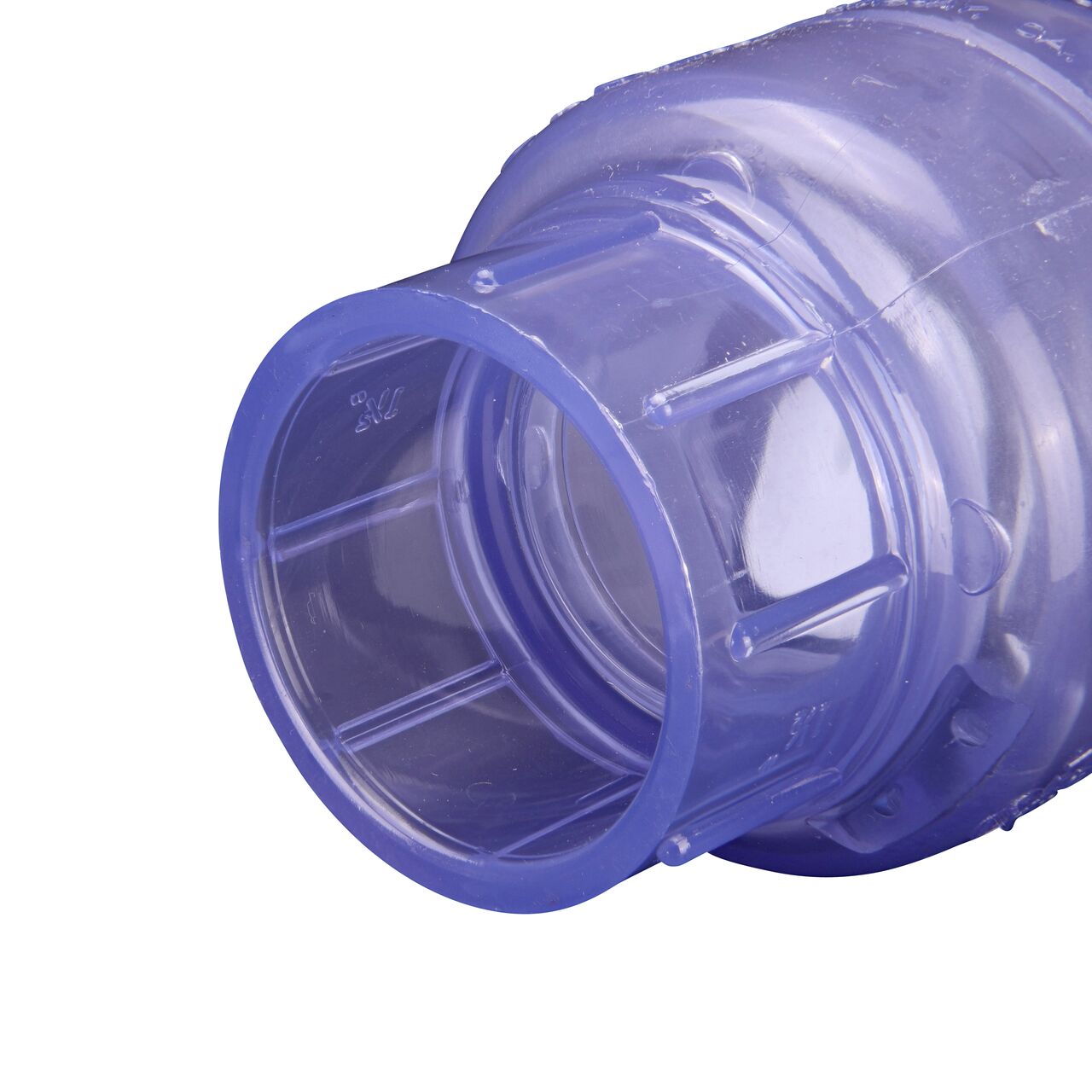 Closeup of the inlet end of the slip NDS Clear 1-1/2 in. slip end by slip end PVC Swing Check Valve (NDS 1520C15) which prevents backflow in pipelines