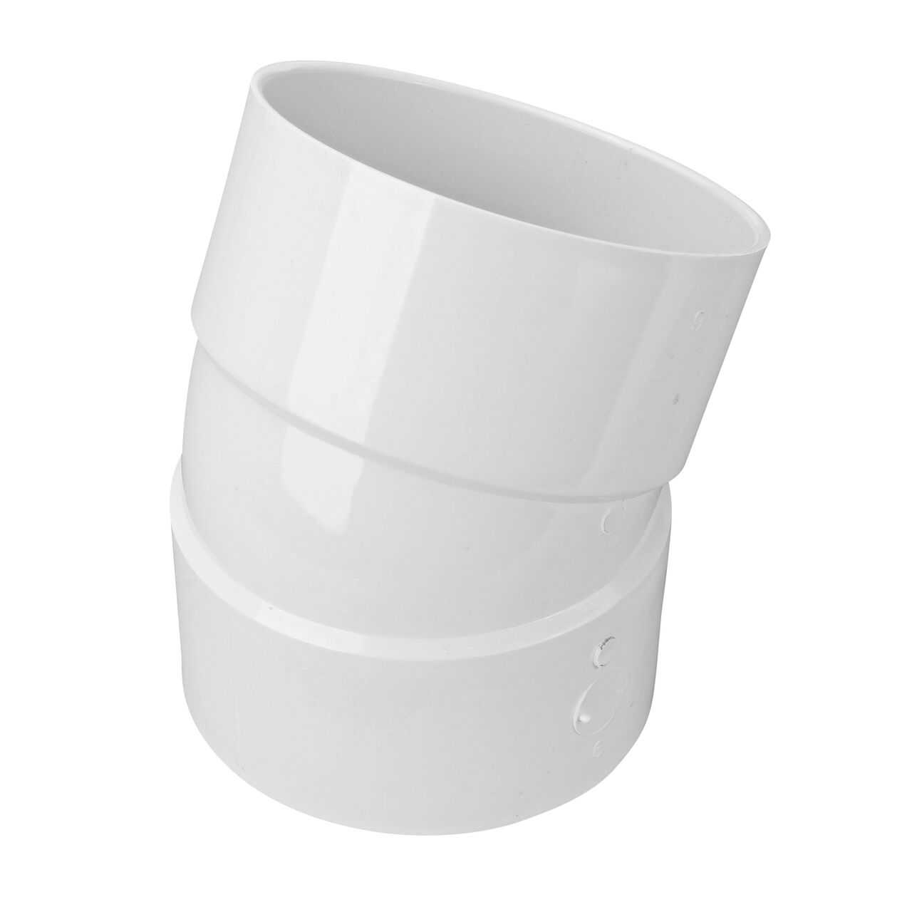 Alternate view of the PVC 22.5° elbow which connects 6 in. Sewer and Drain pipes, Hub X Hub connection (NDS 6P04, NDS L6P04)