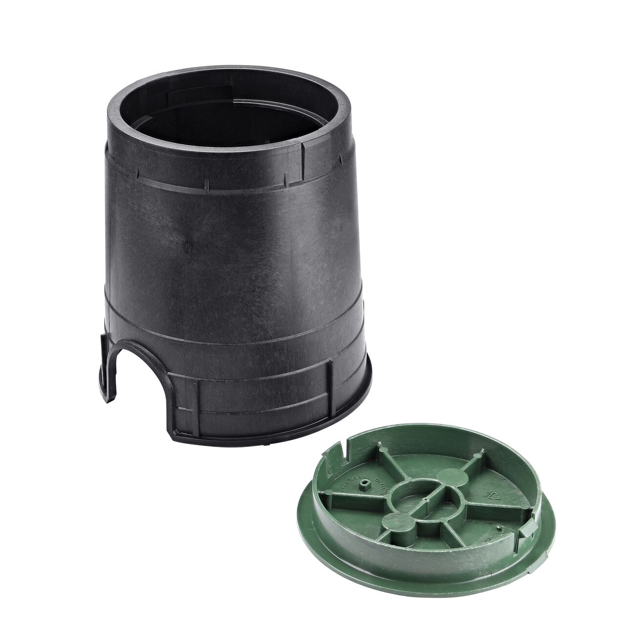 Unassembled View of the NDS 6 in. Round Standard Series Black Box and Green Irrigation Control Valve Cover (NDS 2107BC) showing the bottom of the overlapping lid with the locking mechanism and strong structural support