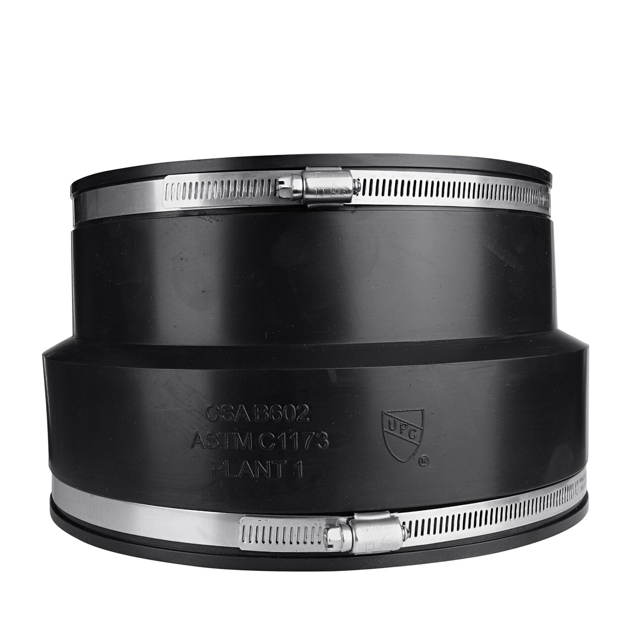 The NDS 8 in. flex coupling, in vertical position, connects clay pipe to cast iron/plastic pipe and provides leak-resistant seals with virtually any pipe (NDS 02-88)
