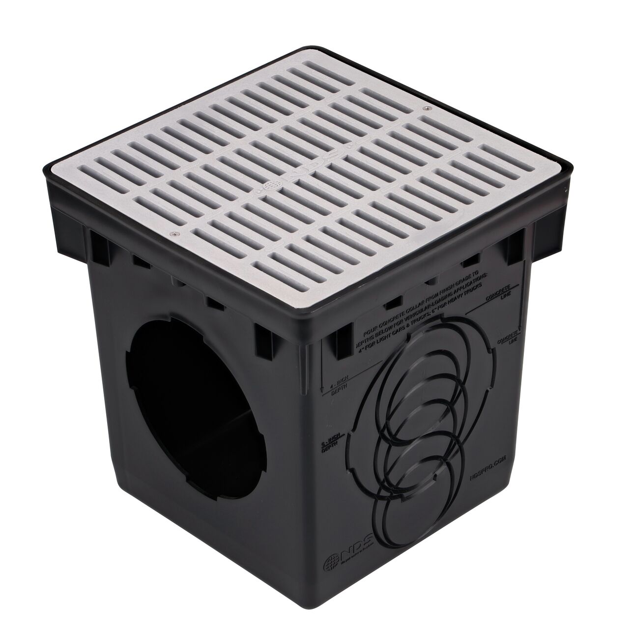 The NDS 12 in. Square Catch Basin Drain Grate, Gray Plastic (NDS 1210) fits on a NDS 12 in. Square Catch Basin (NDS 1200)