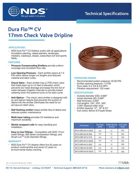 NDS Dura Flo™ CV 17mm Check Valve Dripline Tech Spec