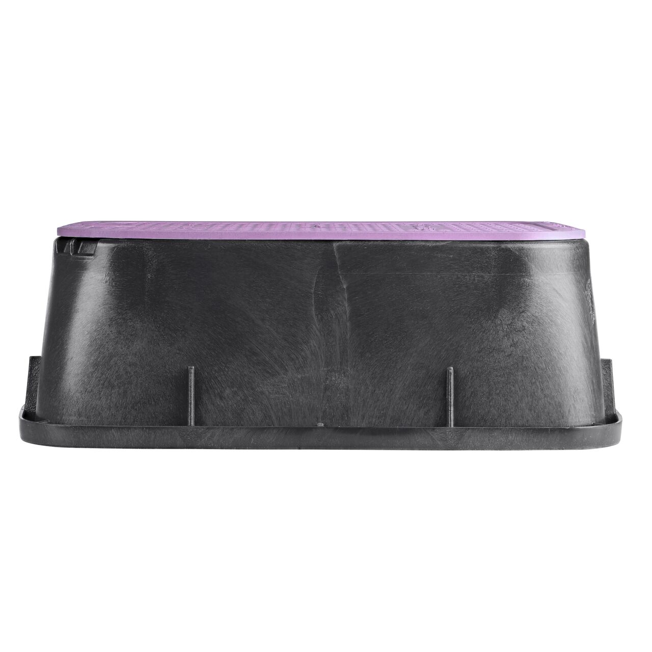 Side view of the longer length side of the NDS 14 X 19 in. Rectangular Standard Series Black Valve Box Extension & Purple Reclaimed Water Cover (NDS 115TBCR) which is engineered for superior strength with structural reinforcing ribs