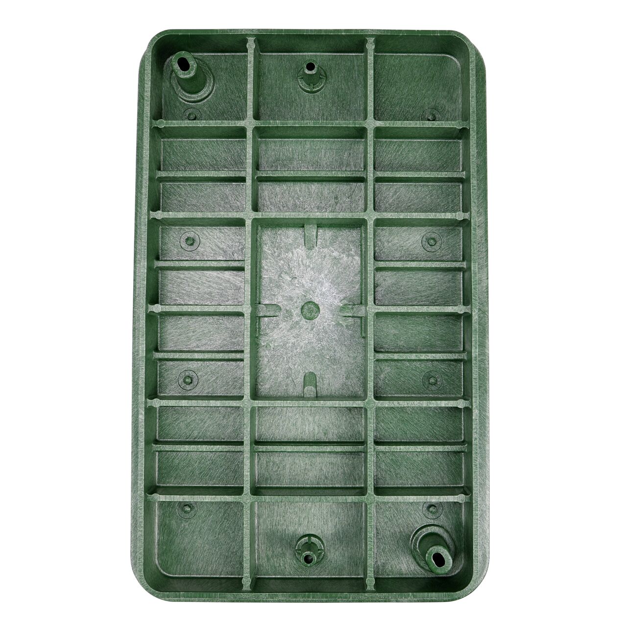 Top down view of the underside side of the Green Water cover (NDS 321BCBW) for the NDS 13 in. X 24 in. Rectangular Pro-Spec® Series valve box , showing reinforcing ribs that are load rated to withstand pedestrian traffic and the rigors of lawn care equipment