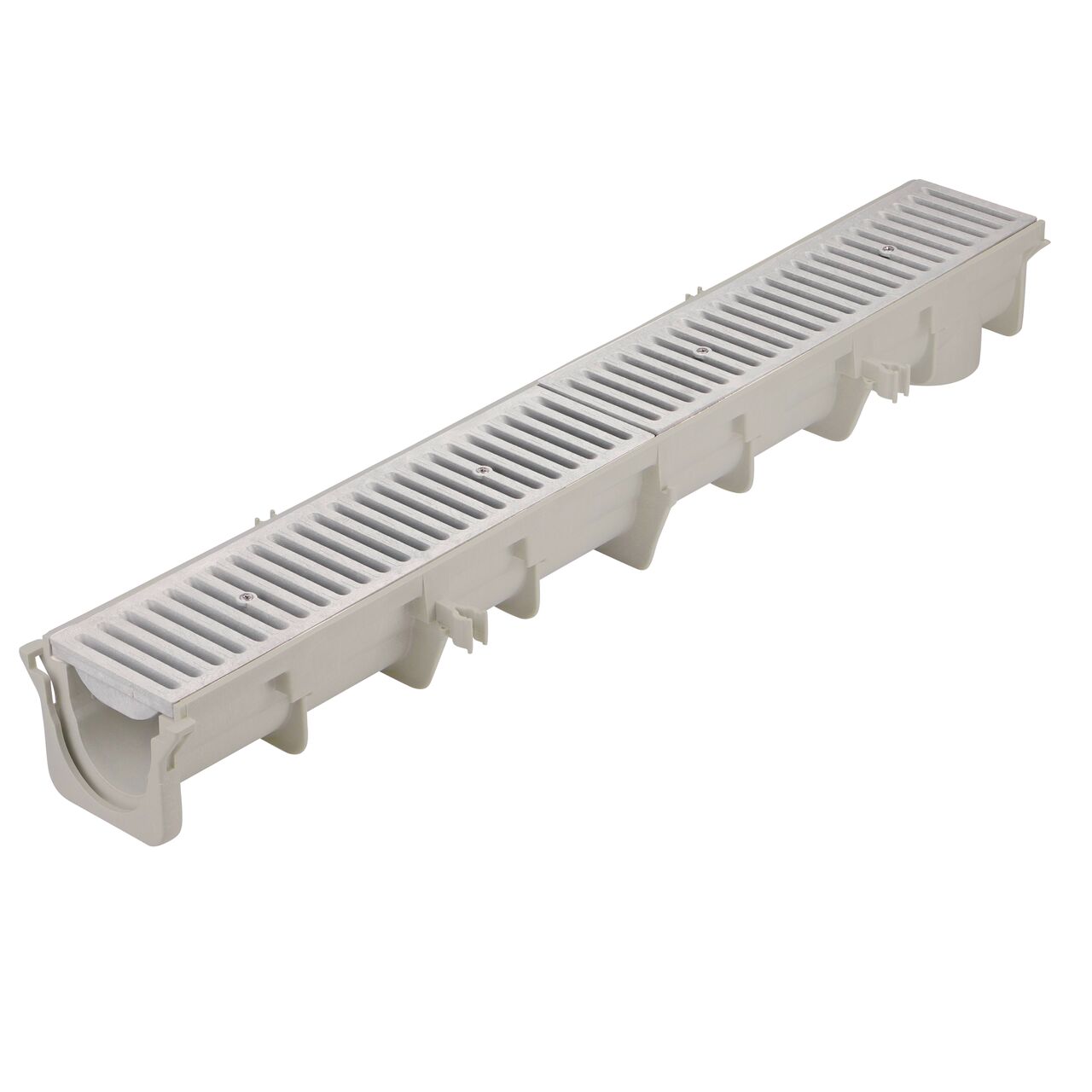 Two dark gray plastic Dura Slope™ Channel Drain Grates (NDS 661) fit on one Dura Slope Channel Drain (NDS DS-091)