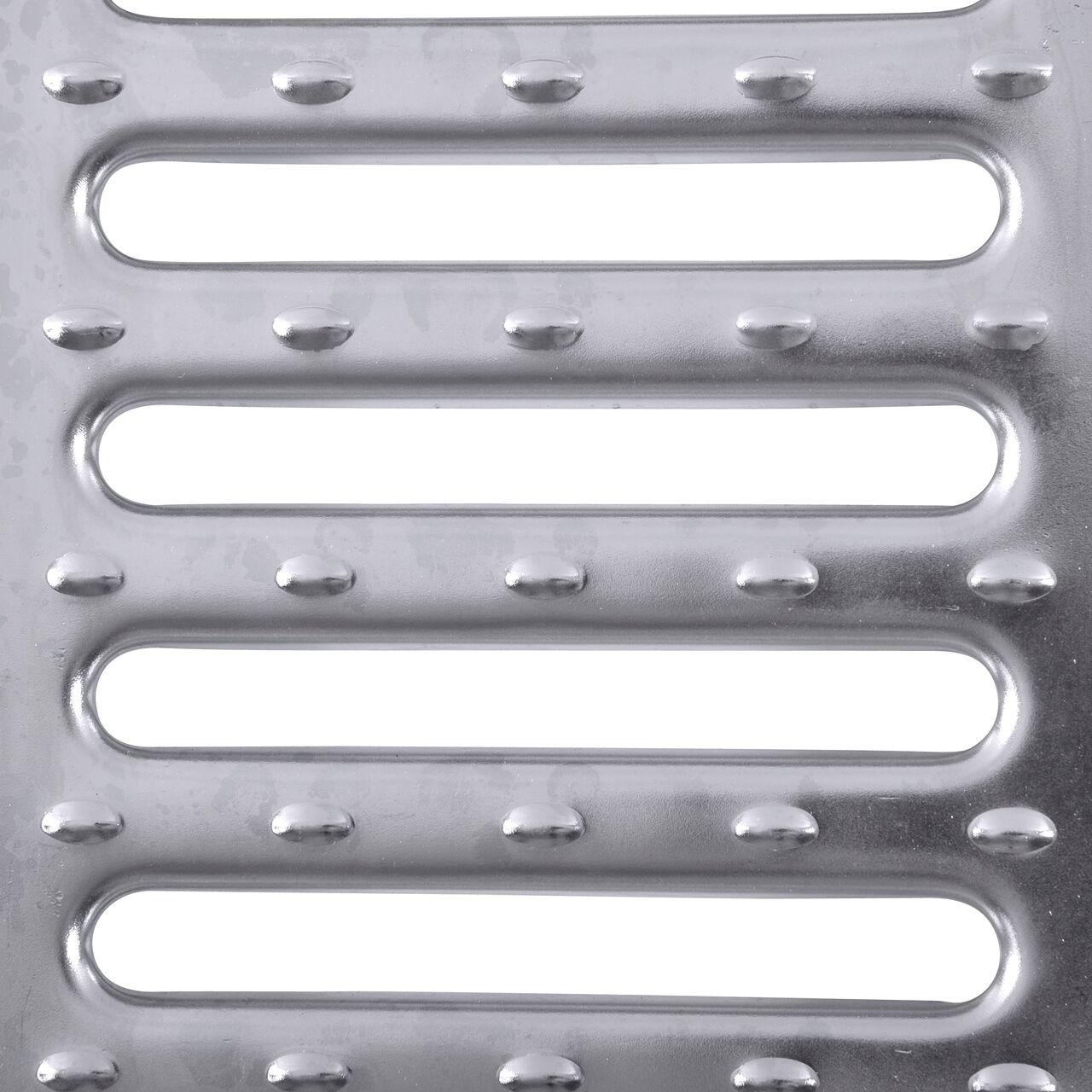 Top down partial closeup of grate openings on NDS 5 in. Pro Series Channel Drain Grate in Galvanized Steel (NDS 824)