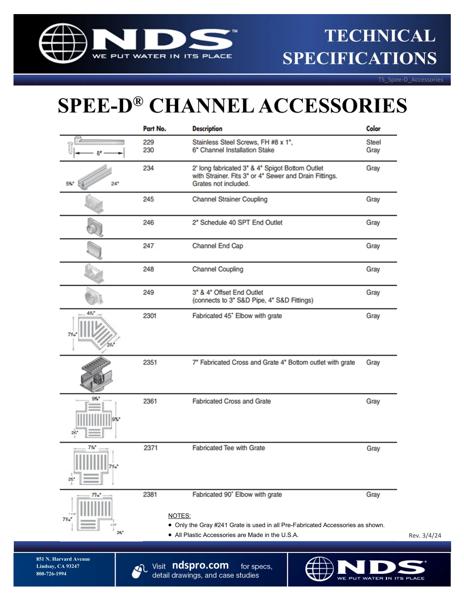 NDS Spee-D® Channel Drain Accessories Tech Spec
