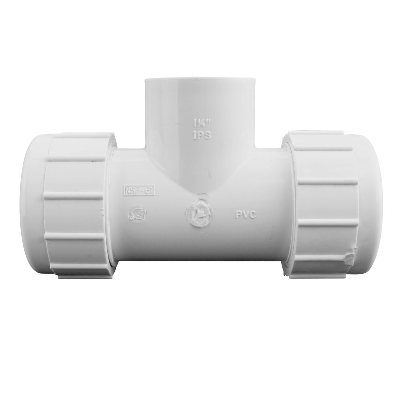 The NDS PVC Threaded Tees has adjustable nut on each compression end that connect onto 1-1/4 in. IPS pipe ends and one FPT end that threads onto a 1-1/4 in. IPS MPT pipe end to provide a corrosion-free connection (NDS CPT-1250-T)
