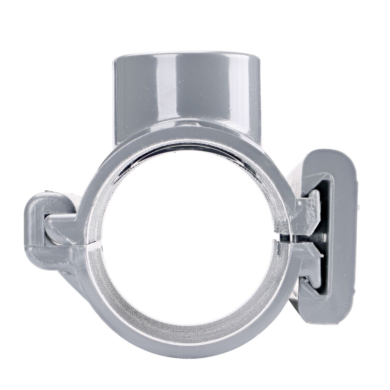 Front facing view of the NDS Clamp-It™ Rigid PVC Saddle with 1-1/2 in. slip connection on top (NDS 432515) for 2-1/2 in. PVC pipe showing both the wedge and hinge sides