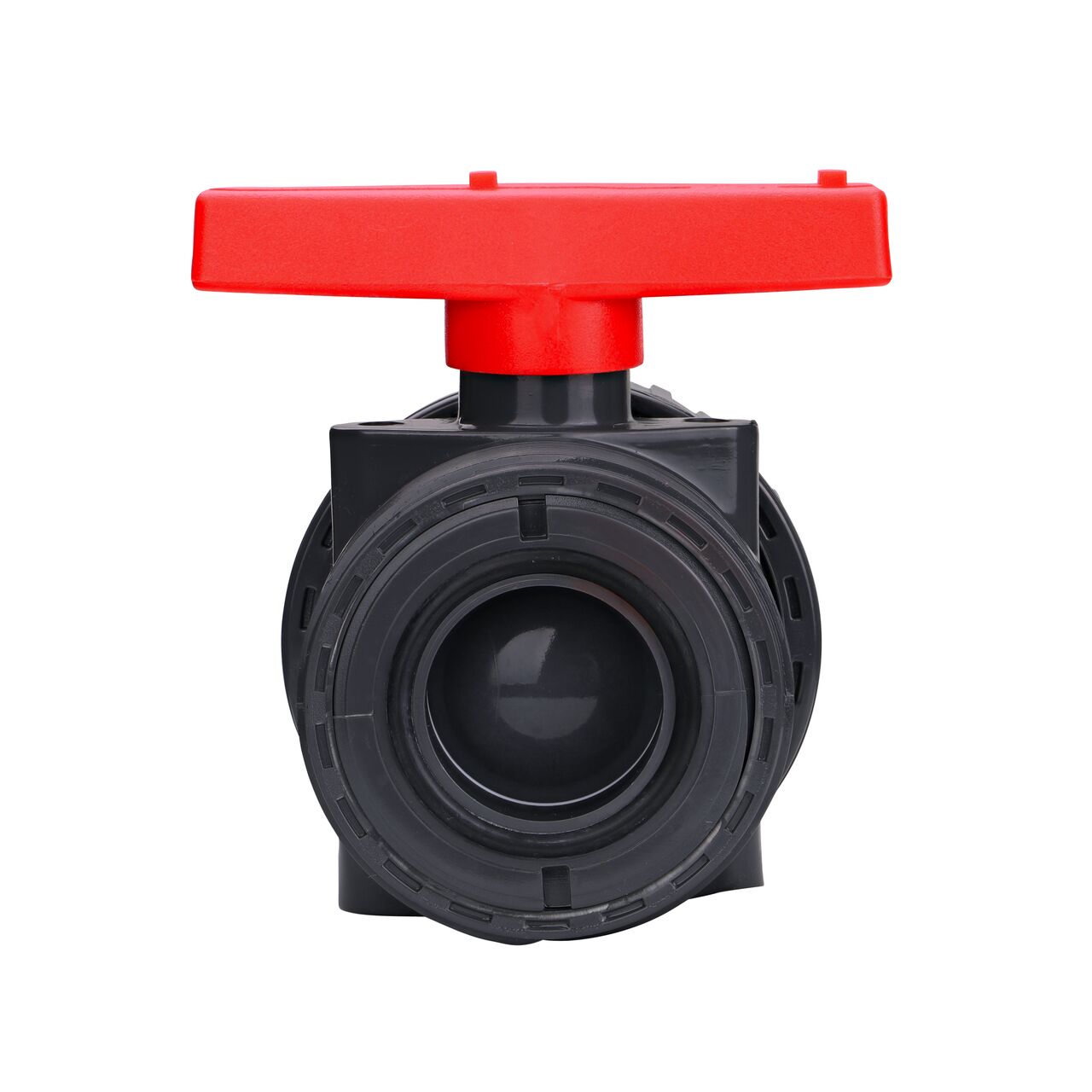 The The 2 in. PVC Slip & Threaded True Union Ball Valve (NDS BTU-2000-E) shown with the connection end removed with the handle in the closed position to show how ball valve provides a shut off point in the system