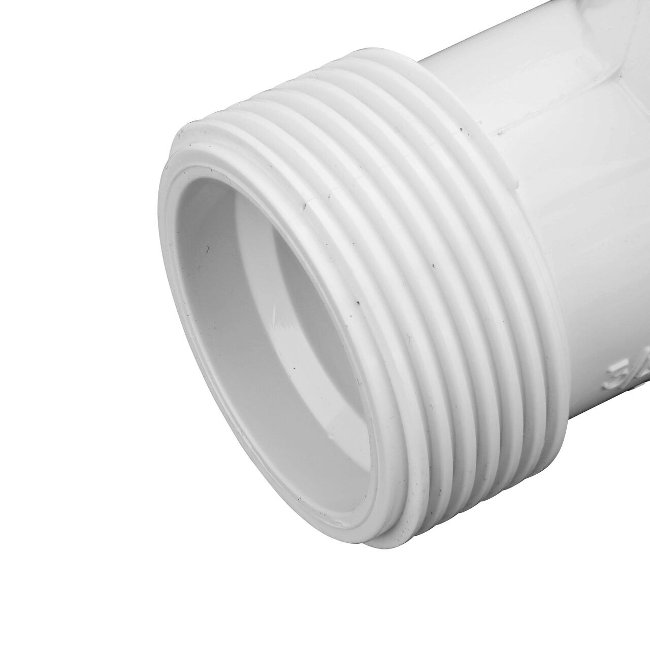 Closeup view of the NDS PVC Threaded Tees showing the compression end with 3/4 in. adjustable nuts removed and once installed provides a leak resistant connection (NDS CPT-0750-T)