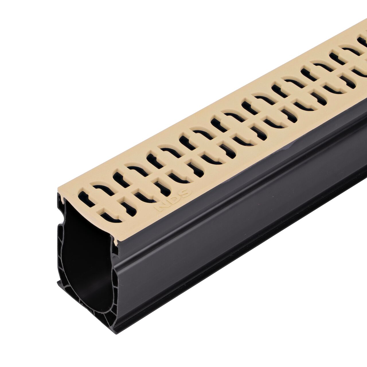 Closeup end of the Slim Channel™ Sand Decorative Chain Design Drain Grate (NDS 9262) installed on a Slim Channel™ Drain