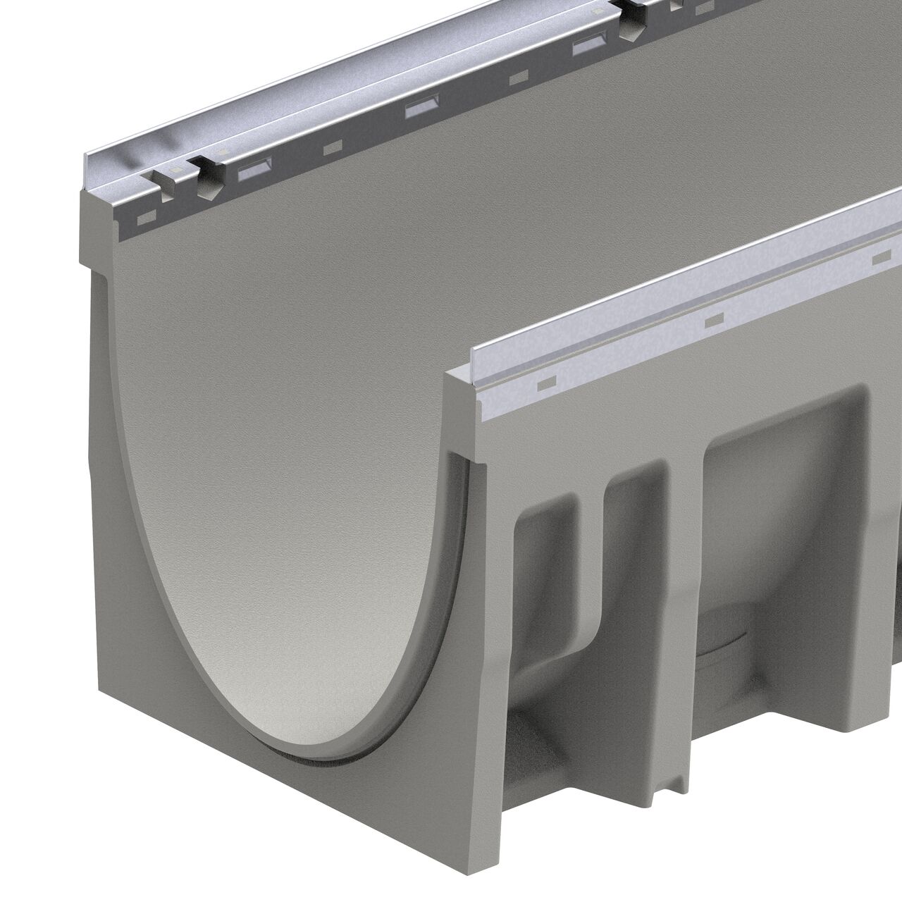 Closeup view of the female interlocking end of the 12 in. wide BG-FILCOTEN® by NDS® pro V 300 Trench Channel Drain with Galvanized Steel Rails (NDS 10630200)