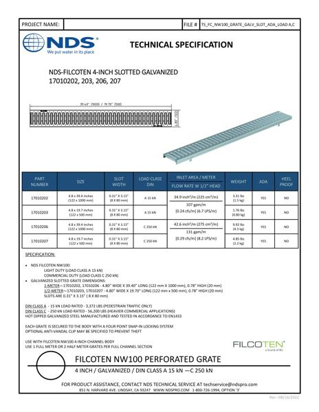 NDS BG-FILCOTEN® 100 Trench Drain Grate Slotted Design Galvanized Steel Tech Spec