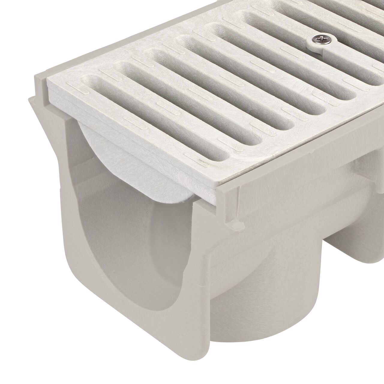 Closeup tongue (male) side of the NDS 3.99 in. Deep Neutral Dura Slope Channel (NDS DS-090N) with the Standard Duraslope Light Gray Grate installed (NDS 661LG)
