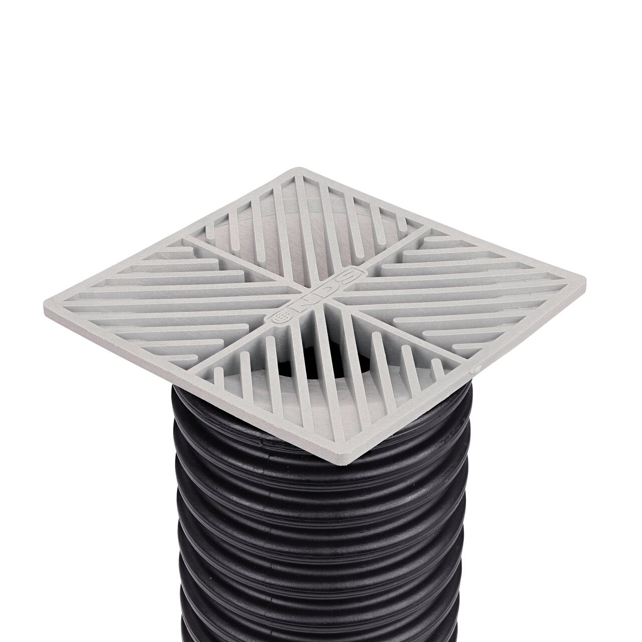 NDS gray plastic 6 in. Square Grate Fits 3 & 4 in. Draing Pipes and Fittings installed on 4 in. Sing-Wall Corrugagted Pipe (NDS 6)