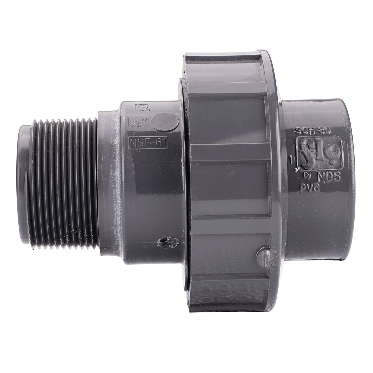Side view of the NDS 1-1/2 in. PVC Union (NDS U-1500-SM) shows MPT and slip end that has a pull-apart feature to quickly disconnect from pipes (NDS U-1500-SM)