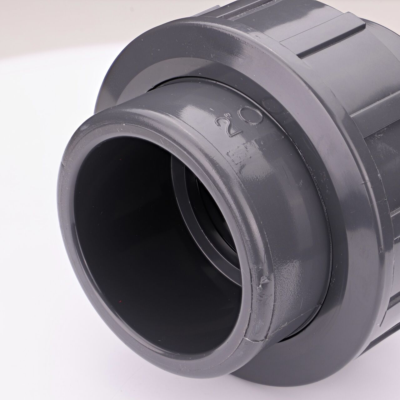 Closeup view of the other slip end on the NDS 2 in. PVC Union (NDS U-2000-S) used to connect pipes and provide a quick way to separate pipes when needed