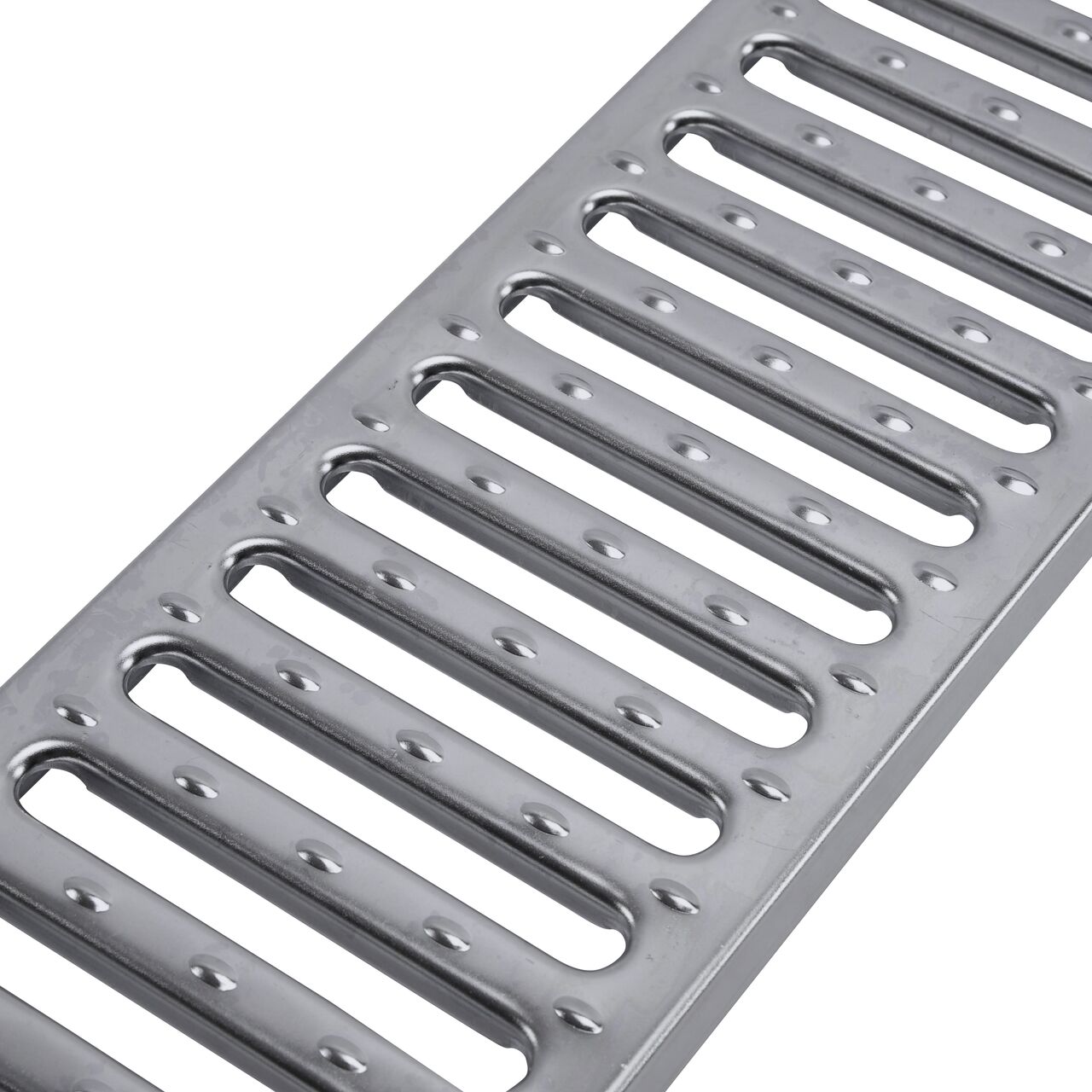 Closeup of grate openings on NDS 5 in. Pro Series Channel Drain Grate in Galvanized Steel (NDS 824)