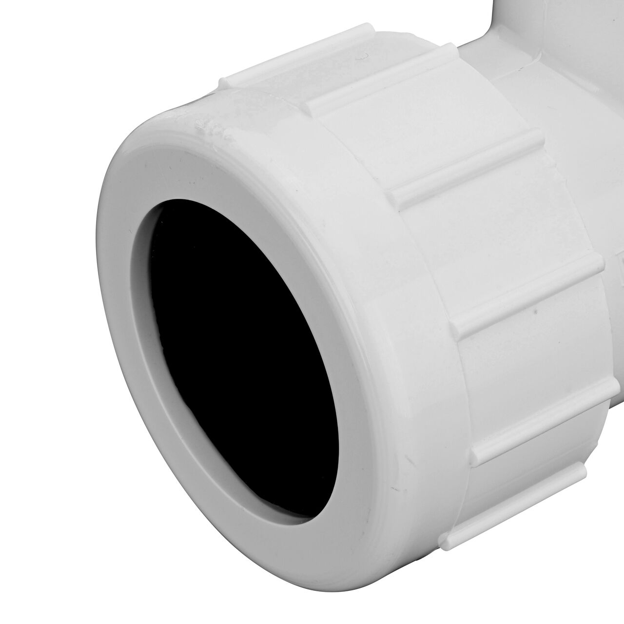 Closeup view of the NDS PVC Threaded Tees showing the compression end with 1-1/2 in. adjustable nuts that secured in place which reduces pull-out from pipe (NDS CPT-1500-S)