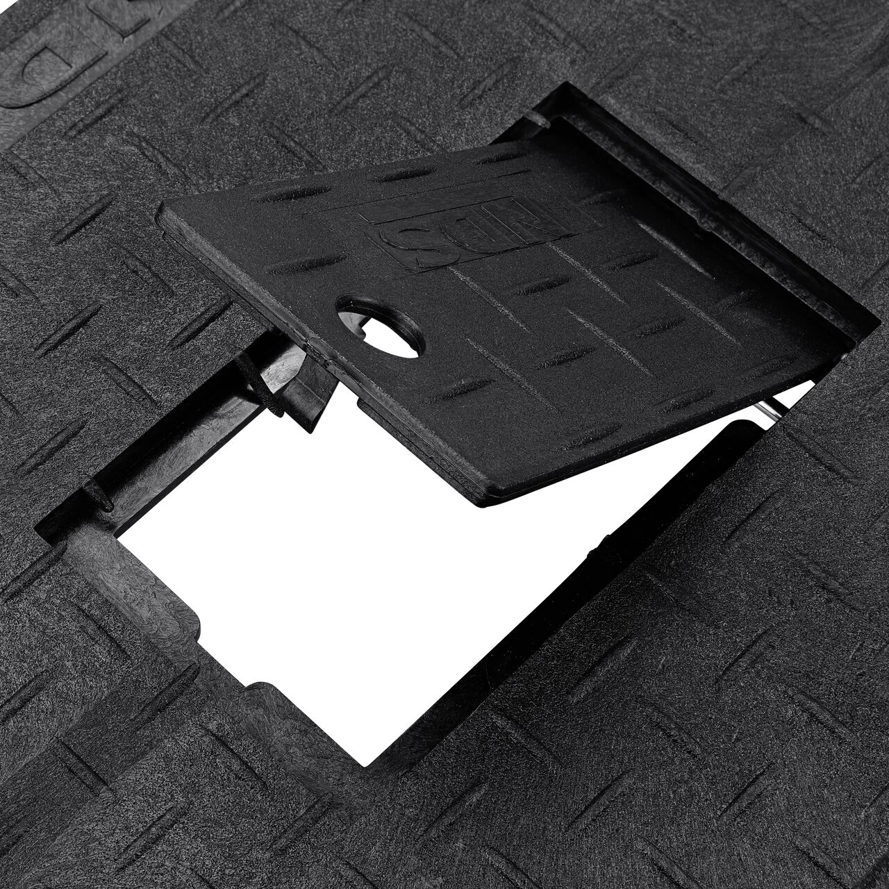 Closeup view of the plastic reader door opened with the finger hole on the Black Water Meter Drop-in cover (NDS D1500-DIRBL) for the NDS 13 in. X 20 in. Rectangular Standard Series Meter Box