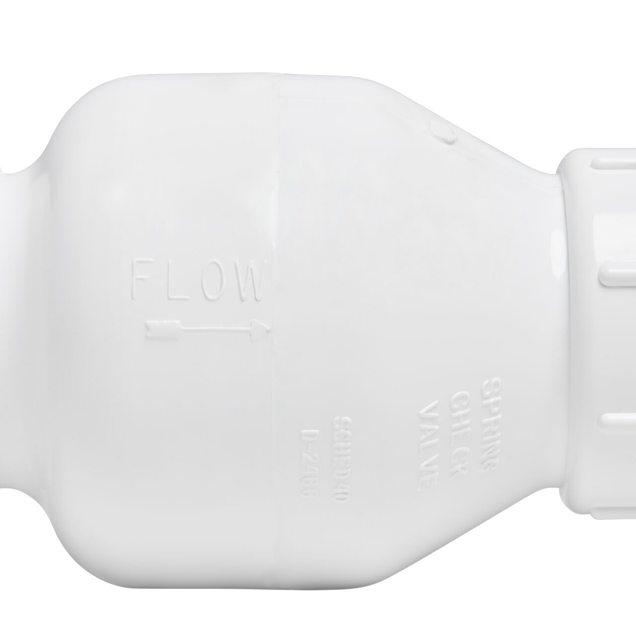 Closeup of the water flow direction on the NDS White 1-1/2 in. IPS Slip by Slip end PVC Adjustable Spring Check Valve with 30 lb. Spring (NDS 1228V15)