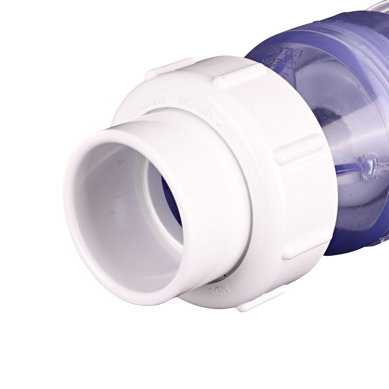 Closeup of the outlet end of the NDS Clear 1-1/2 in. slip end by slip end with 1/2 lb. spring PVC True Union Spring Check Valve (NDS 1700C15) which prevents backflow in pipelines