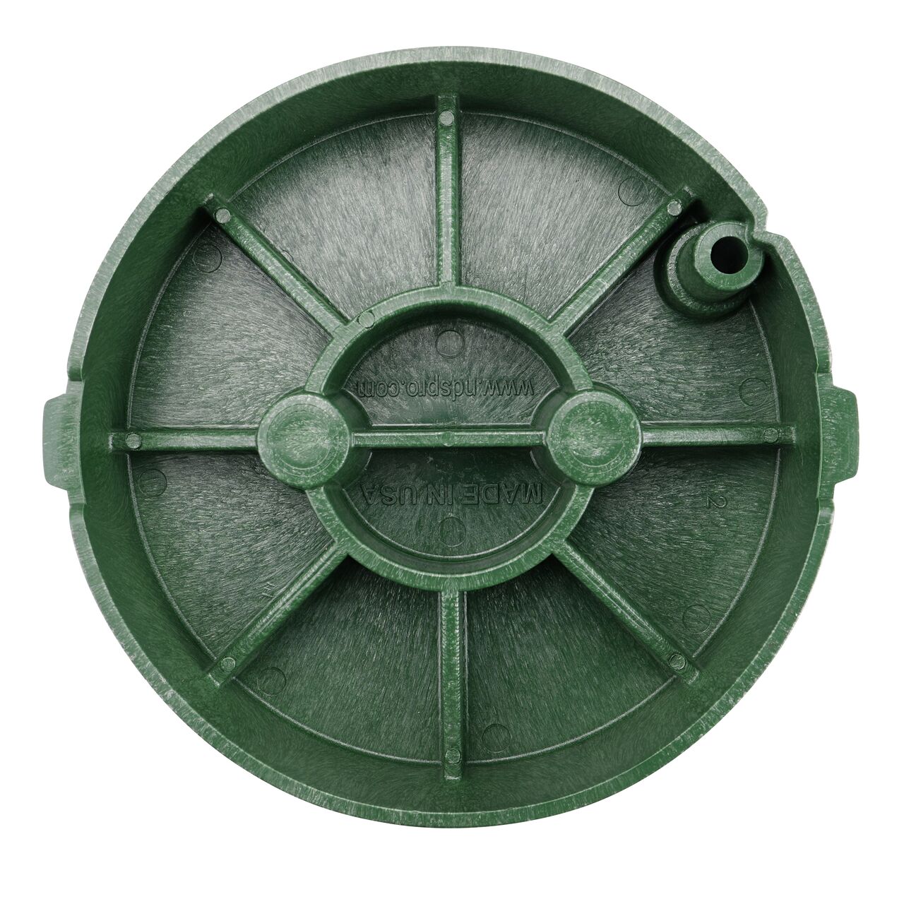 Top down view of the underside side of the Green Sewer cover for the NDS 10 in. Round Pro-Spec® Series (NDS 312BCS) showing reinforcing ribs that are load rated to withstand pedestrian traffic and the rigors of lawn care equipment