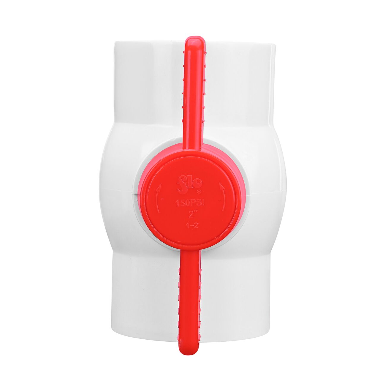 Closeup of the NDS CTS Ball Valve showing that the handle is made of durable PVC material perfect for irrigation or other pressurized system (NDS E1310-20)