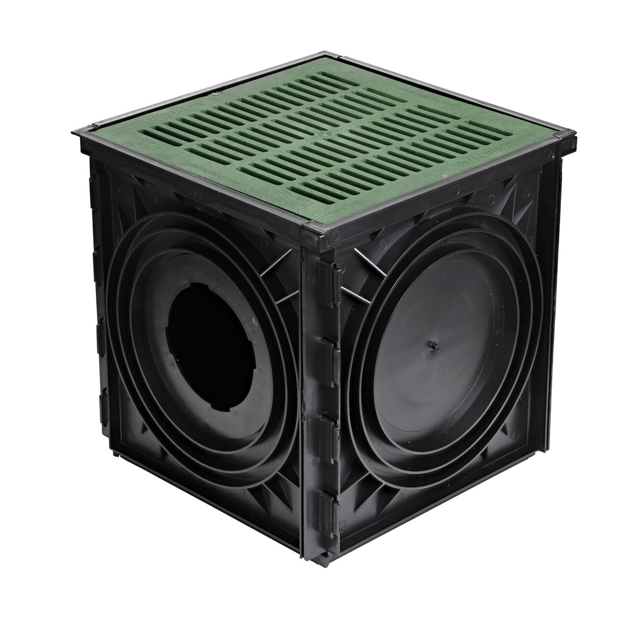 NDS 18 in. Expandable Catch Basin Drain with 2 Openings (NDS 1800) with Green 18 in. Catch Basin Drain Grate installed (NDS 1812)