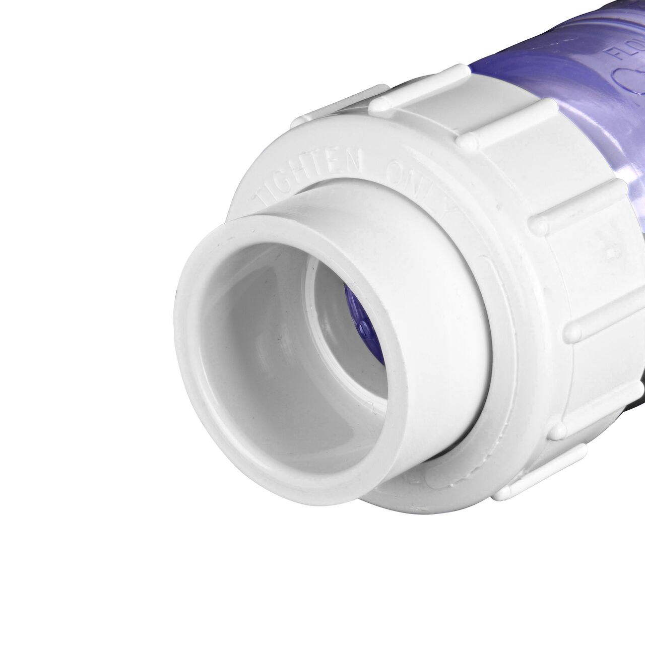 Closeup of the inlet end on the NDS Clear 1 in. slip end by slip end with 1/2 lb. spring PVC True Union Spring Check Valve (NDS 1700C10) which prevents backflow in pipelines