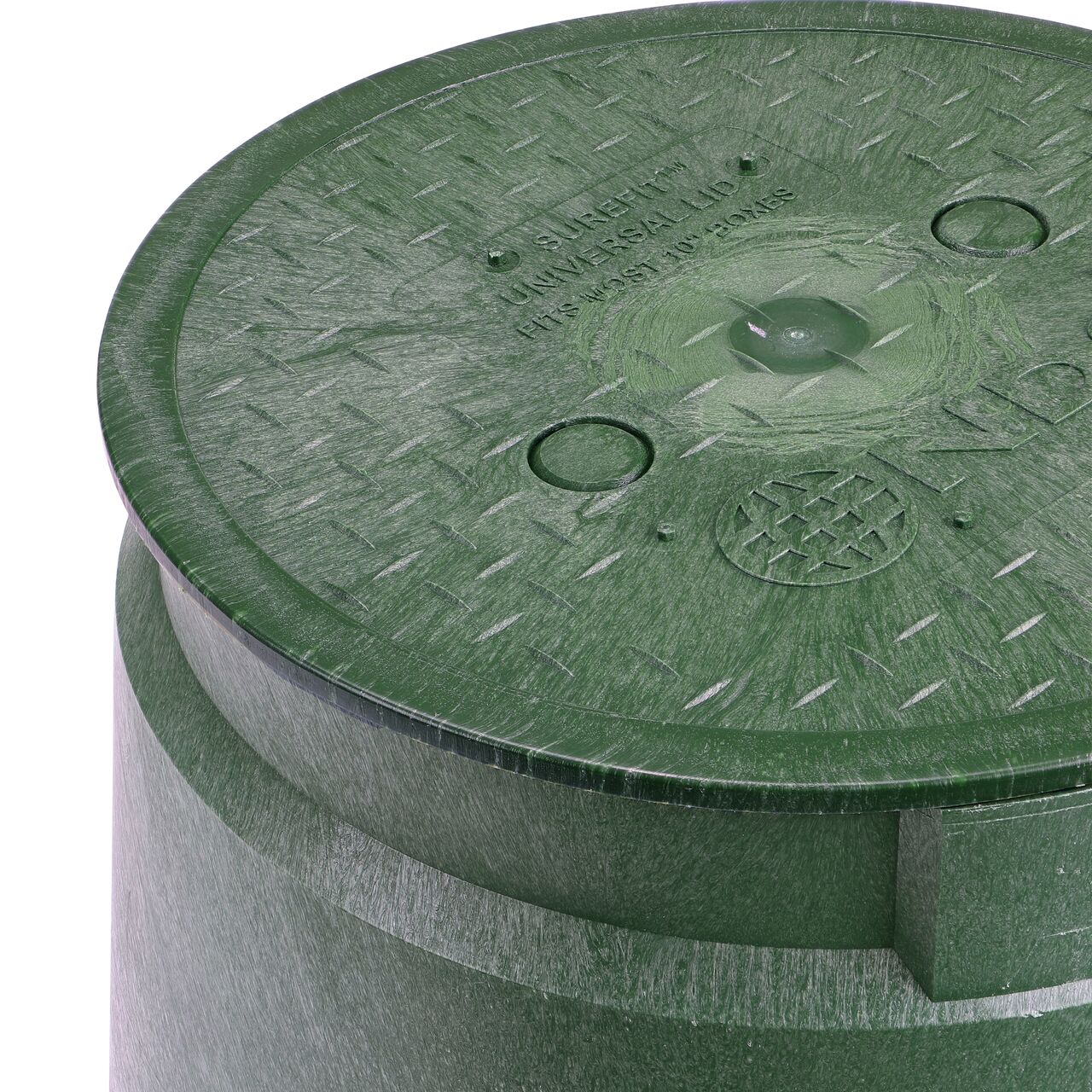 Closeup of the 10 in. Round SureFit Universal Valve Box Lid (NDS 10RND-UC) installed on a green Dura valve box