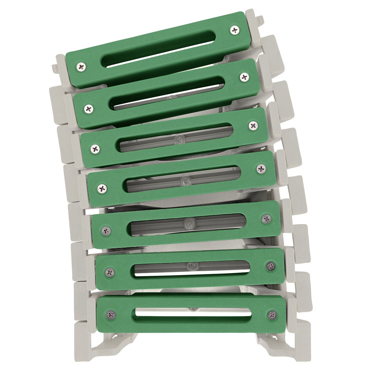 Top down view of 3 degree bend in Seven Green Slotted Plastic Dura Slope® Channel Drain EZ-Track™ Radius Coupling Grates (NDS DS-662MG) installed on seven Dura Slope EZ-Track Radius Couplings (NDS DSRC)