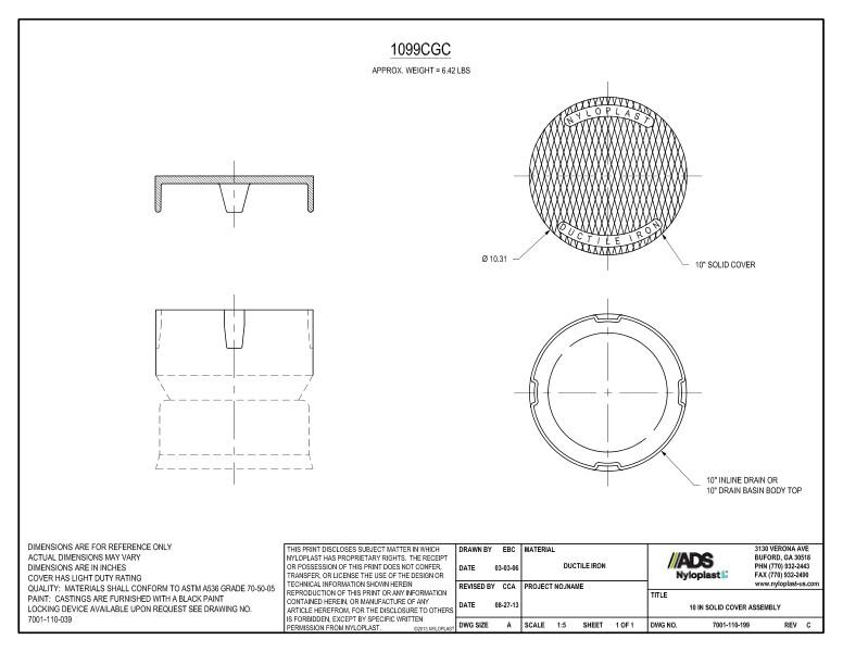 10" Solid Cover Assembly (Inline Drain) Nyloplast Detail
