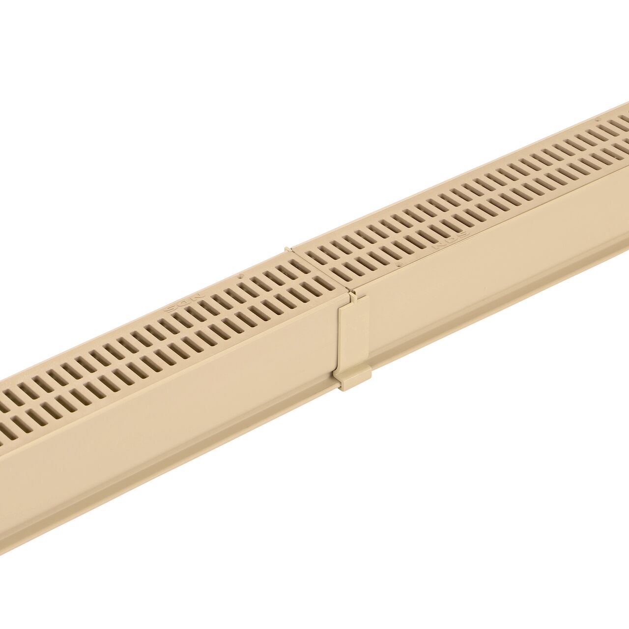 NDS Sand Mini Channel™ Drain Coupling (NDS 548S) connected to grates (NDS 500S) on both sides with grates (NDS 544)