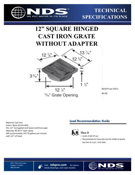 NDS 12 in. Square Hinged DuracastTM Cast Iron Grate for 12 in. Drain Pipes Tech Spec