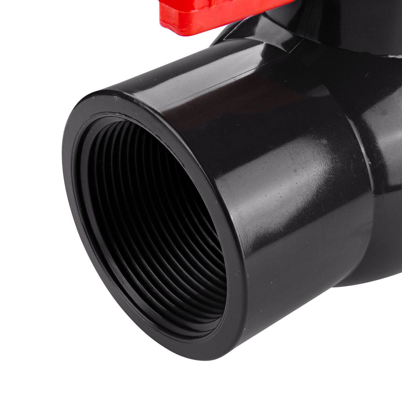 Closeup of the NDS IPS Ball Valve showing the stem that is made of durable PVC material (NDS E1620-15)