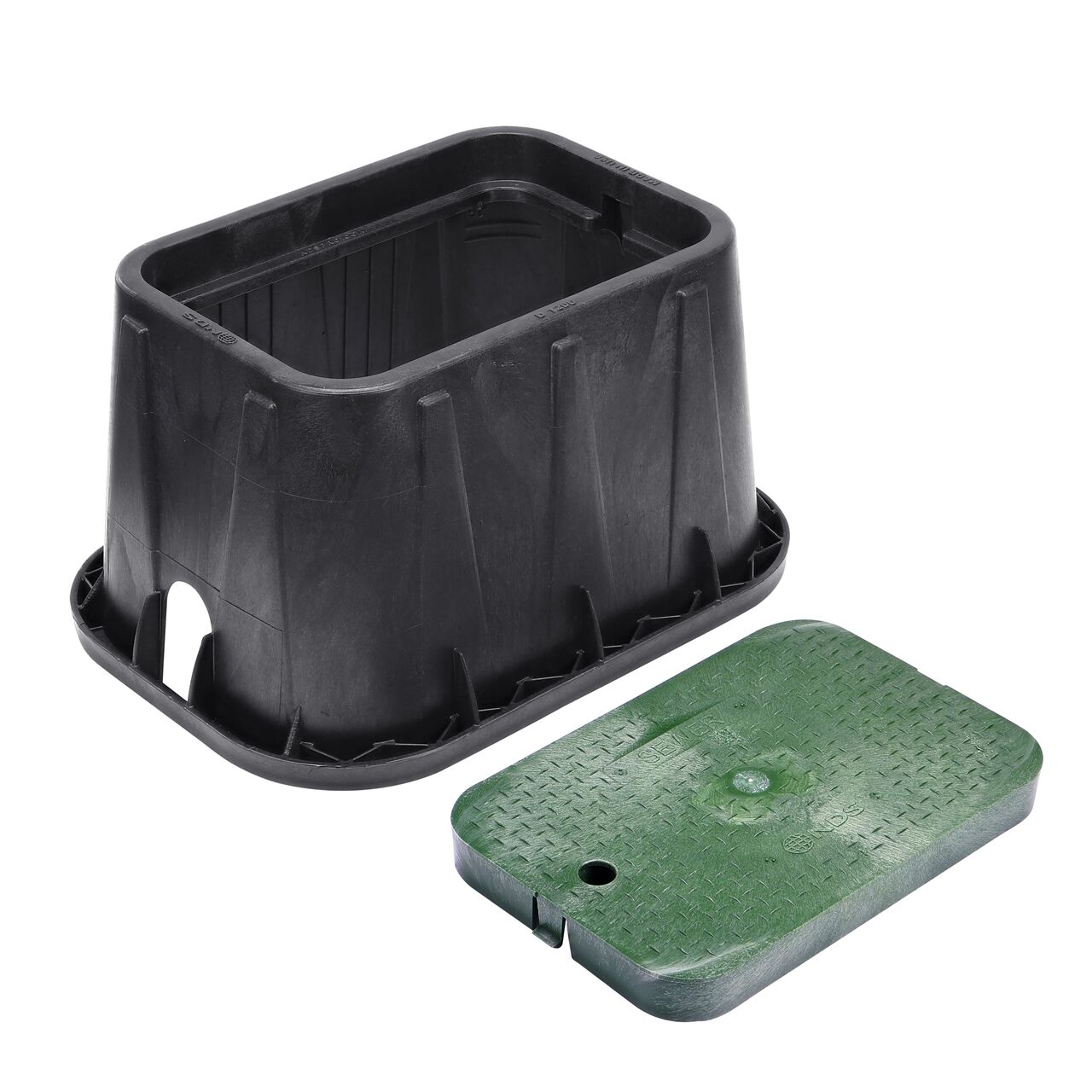 Unassembled View of the NDS 14 in. X 19 in. Black Rectangular Standard Series meter box and Green Sewer Drop-in cover (NDS D1200-DISGSWR) with universal locking mechanism enabling a variety of bolts and screws to be used to secure the covers