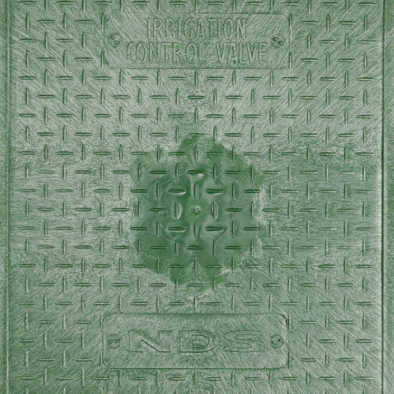 Closeup view of the NDS logo and Irrigation Control Valve markings on the Green Irrigation Control Valve cover for the NDS 14 X 19 in. Rectangular Standard Series Valve Box (NDS 114BCB)