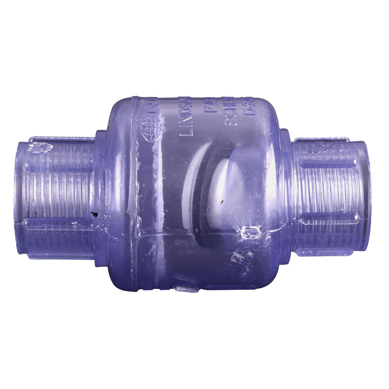 Side to side view of the NDS Clear 1/2 in. female end by female end PVC Swing Check Valve (NDS 1520C05F) which prevents backflow in pipelines