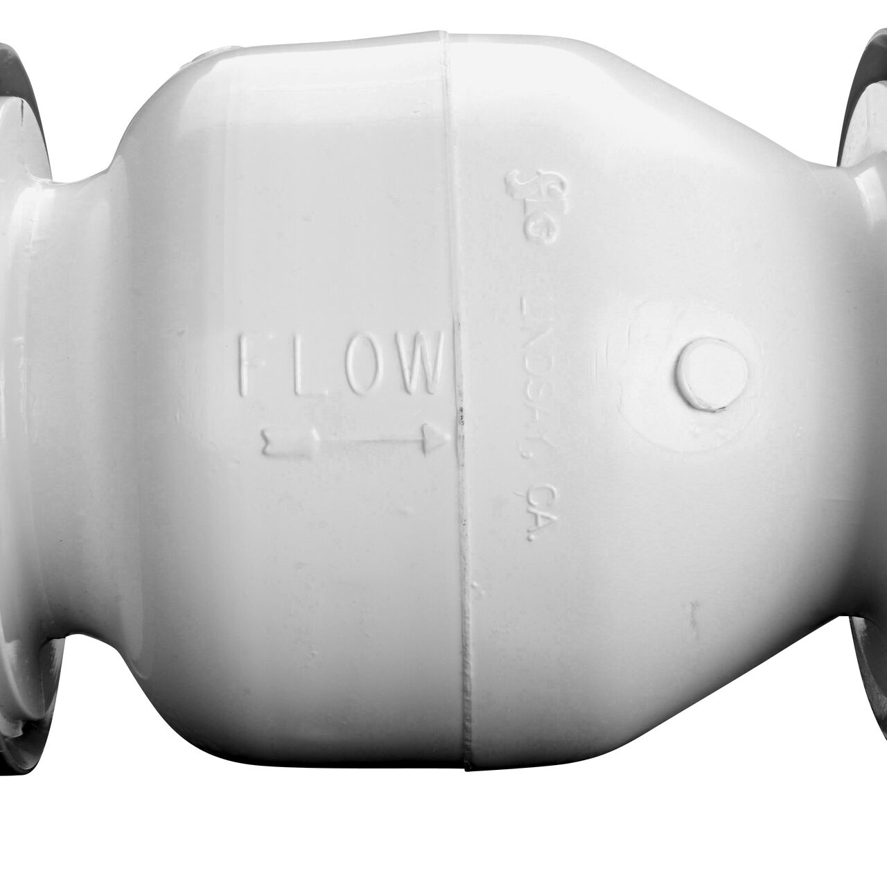 Closeup of the arrow showing water flow on the NDS White 1-1/2 in. slip end by slip end PVC True Union Spring Check Valve with 1/2 lb. Spring (NDS 1700-15)