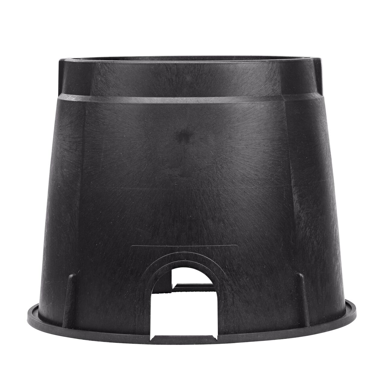 Side view of the pipe hole side on the NDS black plastic 10 in. Round Standard Series Valve Box (NDS 111B) showing both pipe holes available to connect valves to your irrigation system