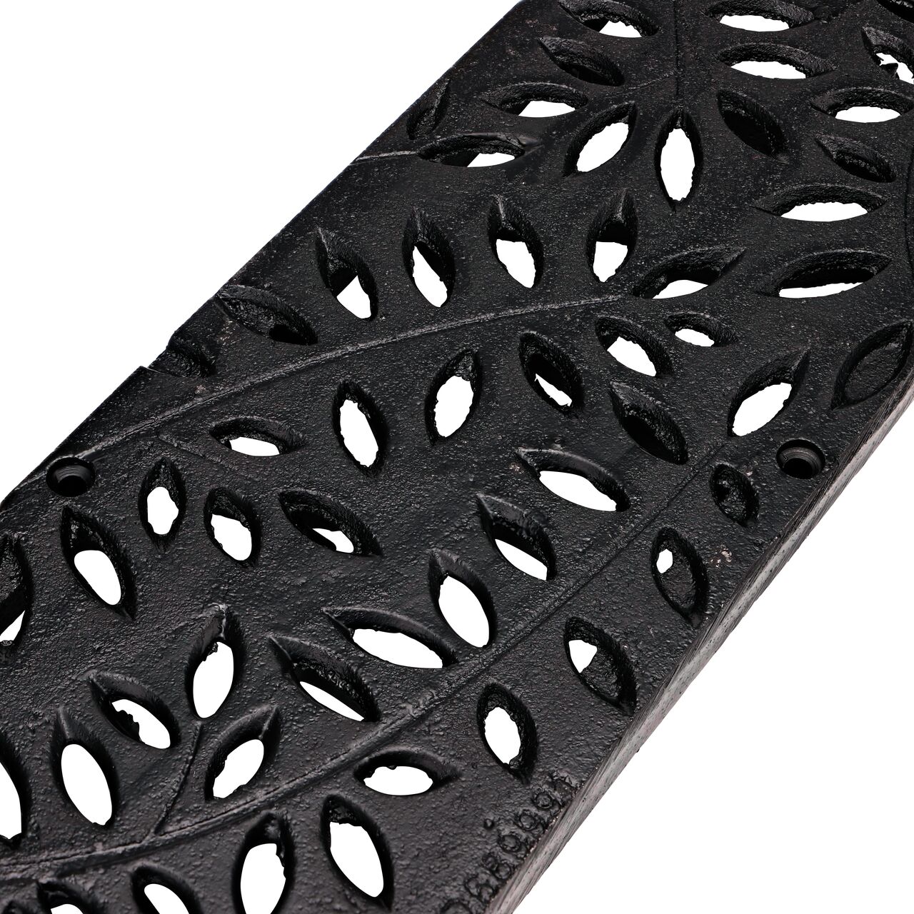 Closeup Angled View of the NDS Spee-D® Channel Drain Grate in Cast Iron Decorative Botanical Design (NDS 252CI)